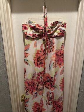 Others Follow White Floral Backless Maxi Dress with Pink and Green Accents